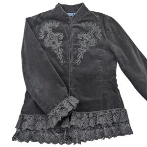The Blues Black Velvet Lace Trim Jacket Women's M Embroidered Gothic Victorian